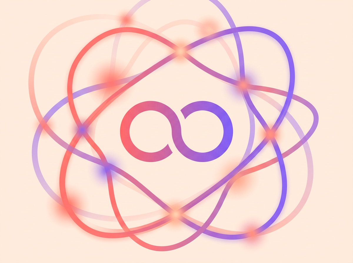 Two overlapping brand loops in coral and violet